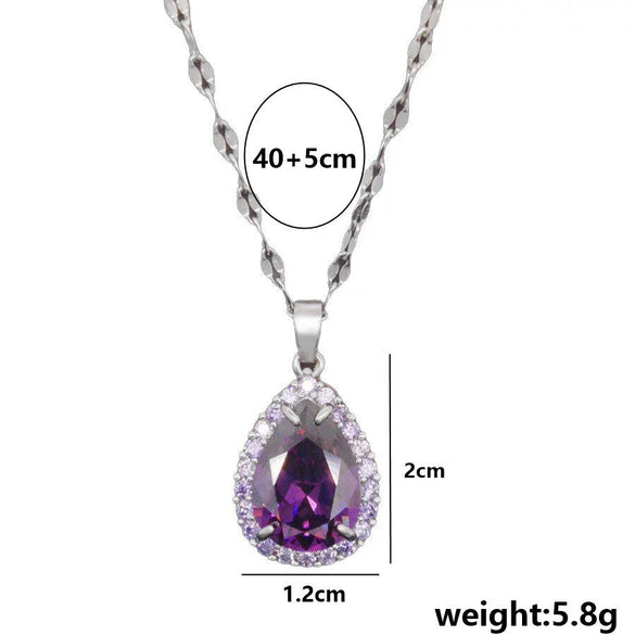 Titanium Steel Women's Microinlaid Purple Zircon Water Drop Pendant Necklace Electroplating Minimalist Style