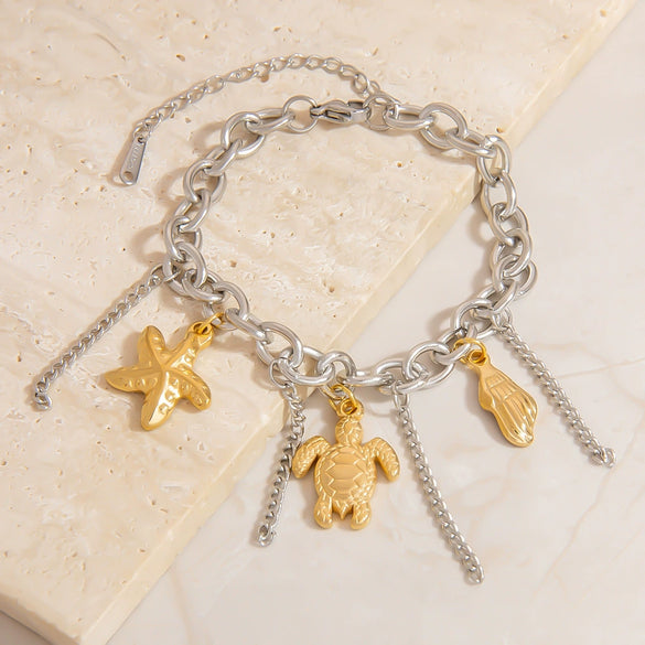 Titanium Steel Women's Minimalist Bracelet With Starfish Shell Heart Shape And Bow Pendant Electroplated