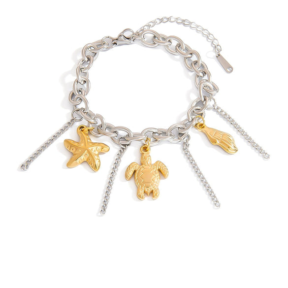 Titanium Steel Women's Minimalist Bracelet With Starfish Shell Heart Shape And Bow Pendant Electroplated