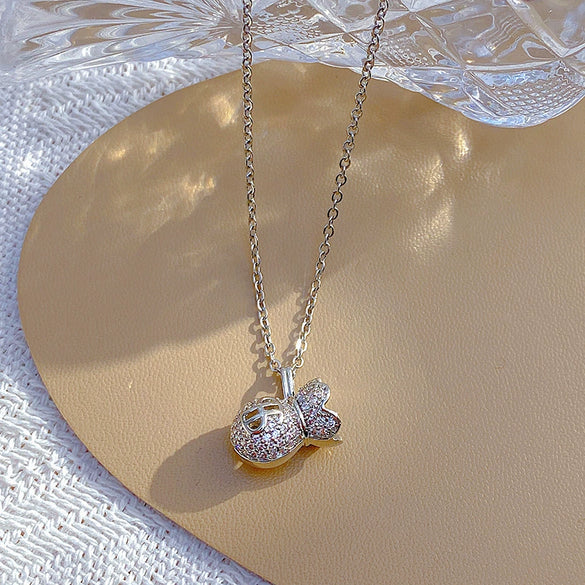 Titanium Steel Women's Money Bag Pendant Necklace With Mixed Gem Inlay And Geometric Pattern And Diamond Design