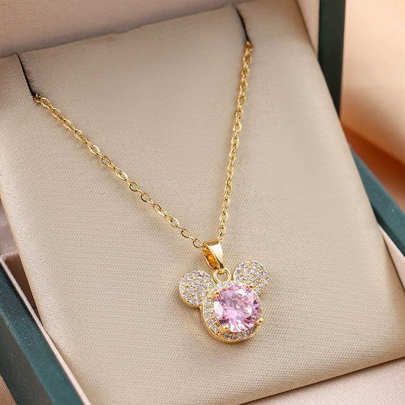 Titanium Steel Women's Necklace Copper Plated Real Gold Micro Inlaid Zircon With Cartoon Character Pendant Electroplating Treatment