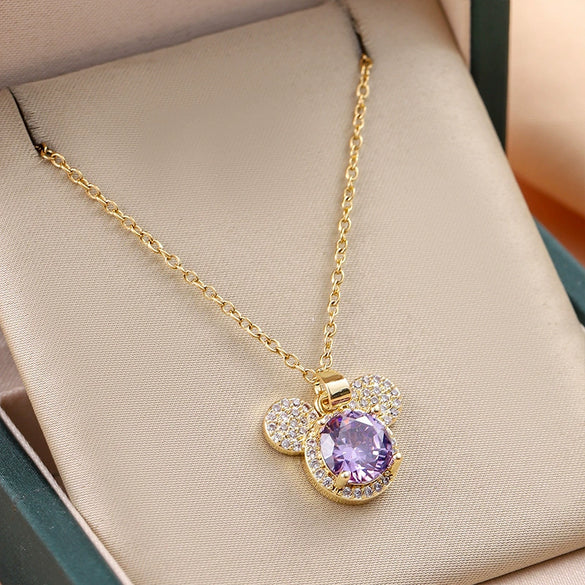 Titanium Steel Women's Necklace Copper Plated Real Gold Micro Inlaid Zircon With Cartoon Character Pendant Electroplating Treatment