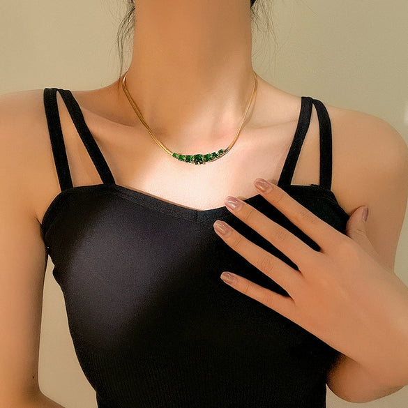 Titanium Steel Women's Necklace Light Luxury Geometric Snake Bone Chain Mixed Gem Inlay Electroplating