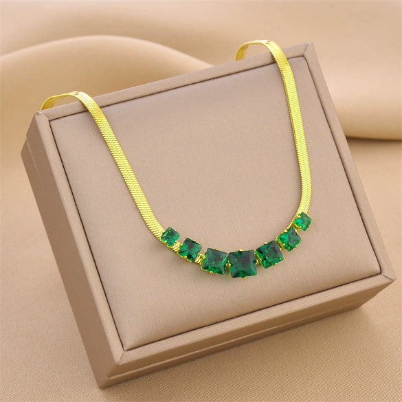 Titanium Steel Women's Necklace Light Luxury Geometric Snake Bone Chain Mixed Gem Inlay Electroplating
