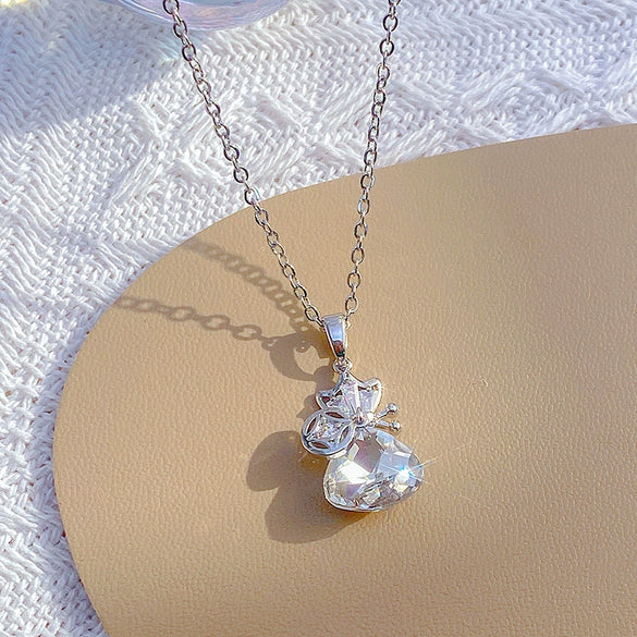 Titanium Steel Women's Necklace With Artificial Crystal Fortune Pendant And Diamond Design Cross Chain Style