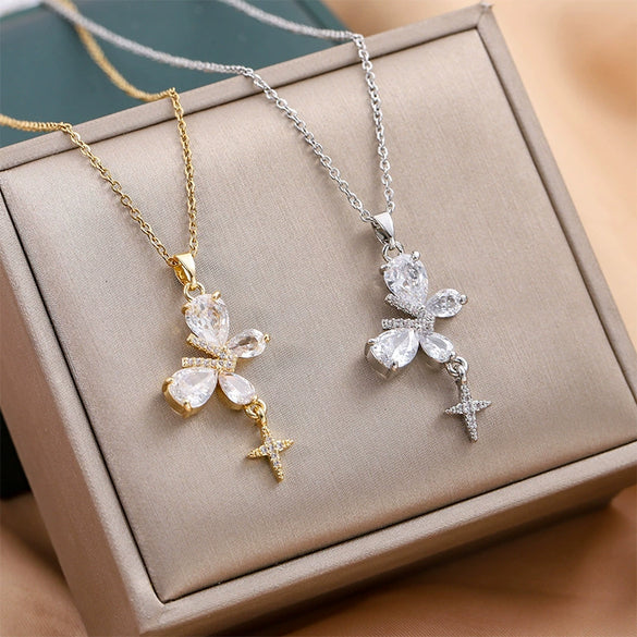 Titanium Steel Women's Necklace With Mixed Gemstone Inlay Diamond Geometric Pattern Butterfly And Four Leaf Clover Design
