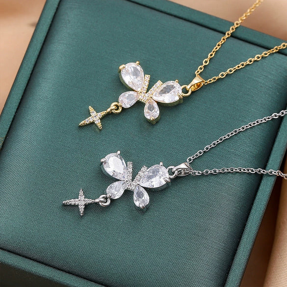 Titanium Steel Women's Necklace With Mixed Gemstone Inlay Diamond Geometric Pattern Butterfly And Four Leaf Clover Design