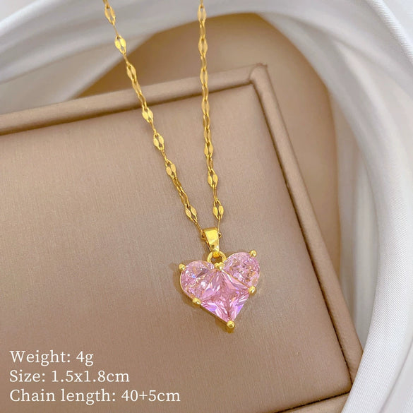 Titanium Steel Women's Necklace With Peach Heart Pendant Inlaid With Zirconium And Real Gold Geometric Design