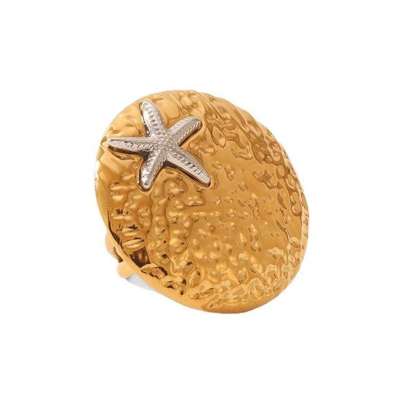 Titanium Steel Women's Ocean Style Open Ring With Starfish And Geometric Hammer Pattern Pvd Process