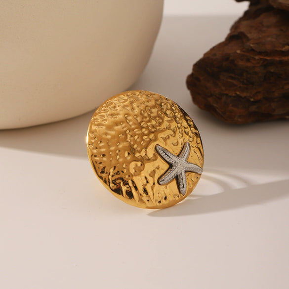 Titanium Steel Women's Ocean Style Open Ring With Starfish And Geometric Hammer Pattern Pvd Process