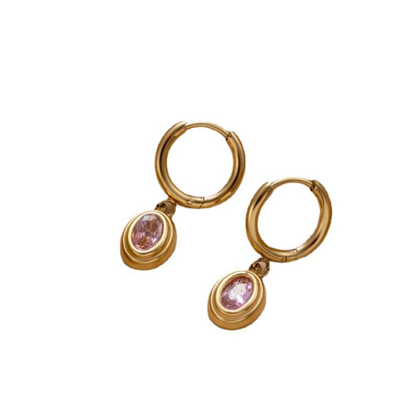 Titanium Steel Women's Oval Zircon Inlaid Pendant And Earrings With Geometric Style