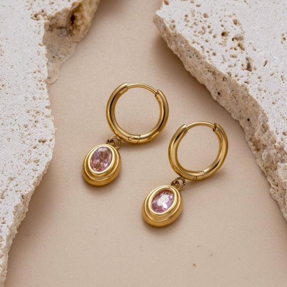 Titanium Steel Women's Oval Zircon Inlaid Pendant And Earrings With Geometric Style