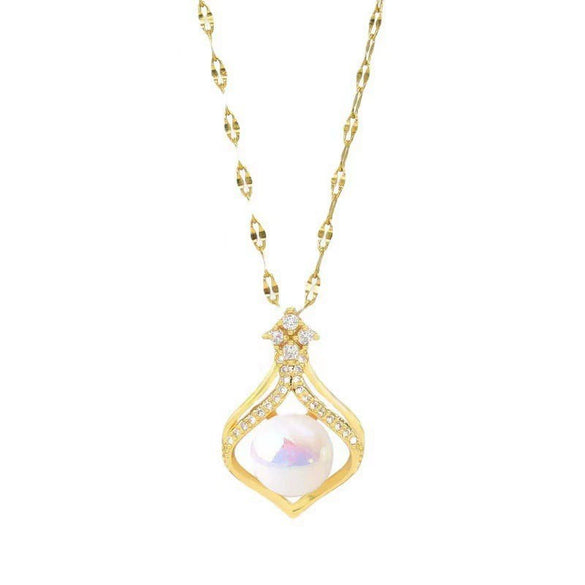 Titanium Steel Women's Pendant Necklace With Mixed Gemstone Inlay Geometric Pattern And Electroplating Treatment Water Drop Shape
