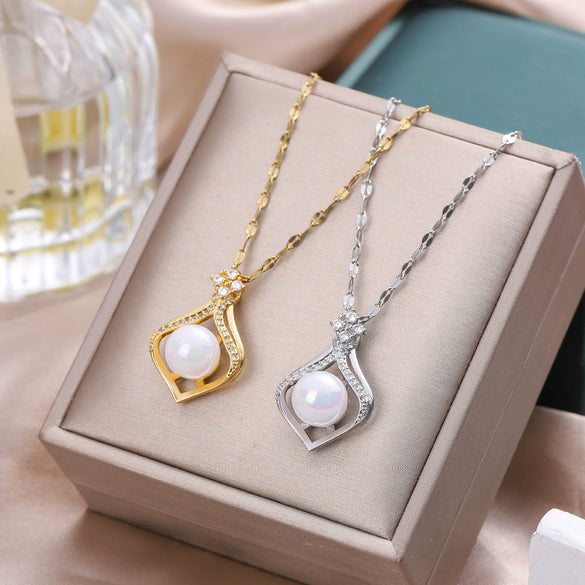 Titanium Steel Women's Pendant Necklace With Mixed Gemstone Inlay Geometric Pattern And Electroplating Treatment Water Drop Shape