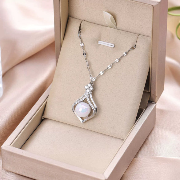 Titanium Steel Women's Pendant Necklace With Mixed Gemstone Inlay Geometric Pattern And Electroplating Treatment Water Drop Shape