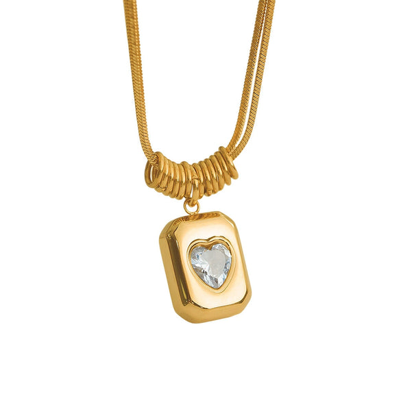 316L Stainless Steel Women's Retro Geometric Heart Love Pendant Clavicle Chain With Double Layer Snake Bone Chain And Mixed Gem Inlay And Electroplating Treatment