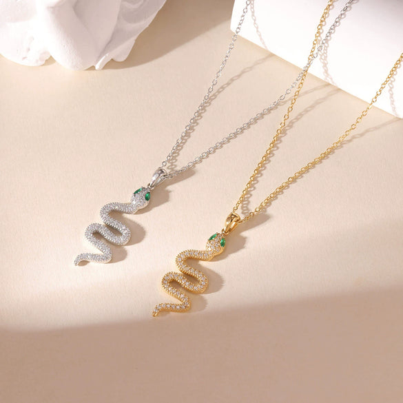 Titanium Steel Women's Retro Hiphop Snakeshaped Pendant Necklace With Colored Diamond Set Zircon Electroplated