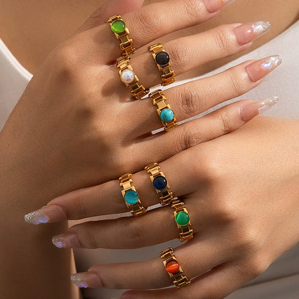 Titanium Steel Women's Ring Inlaid With Natural Stone Geometric Minimalist Style Electroplated