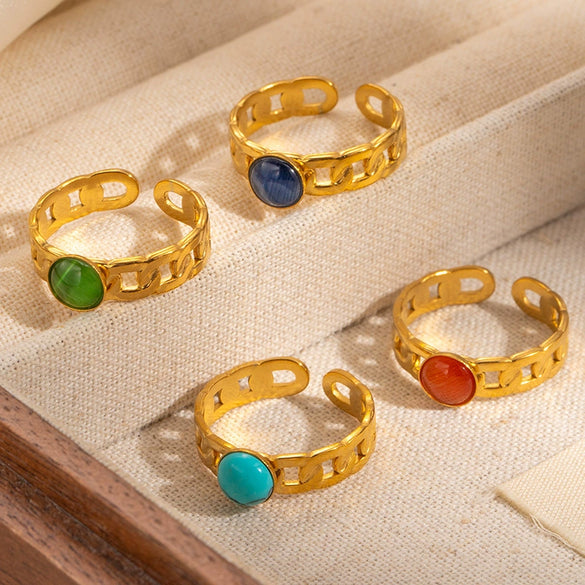 Titanium Steel Women's Ring Inlaid With Natural Stone Geometric Style Electroplated