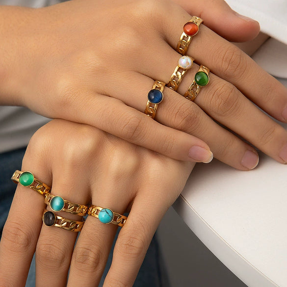 Titanium Steel Women's Ring Inlaid With Natural Stone Geometric Style Electroplated