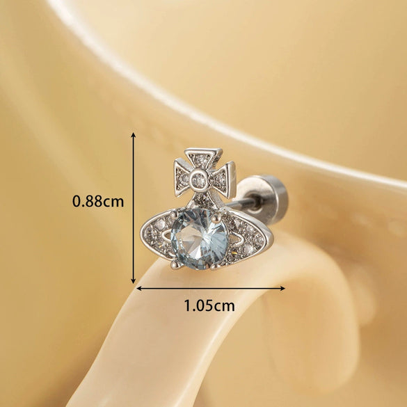 Titanium Steel Women's Sea Blue Saturn Shaped Ear Nail With Zirconia Design