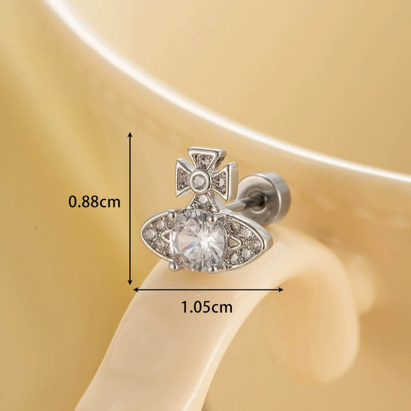 Titanium Steel Women's Sea Blue Saturn Shaped Ear Nail With Zirconia Design