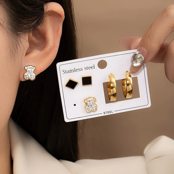 Titanium Steel Women's Simple Geometric Bear Zircon Hoop Earrings Electroplated