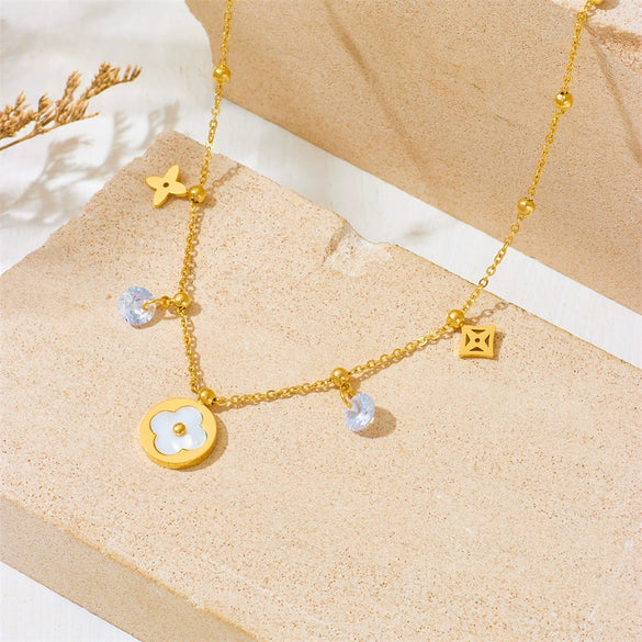Titanium Steel Women's Small Flower Box Chain Necklace And Bracelet Set