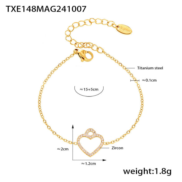 Titanium Steel Zircon Heart Shape Electroplated Clavicle Necklace And Bracelet Set For Women