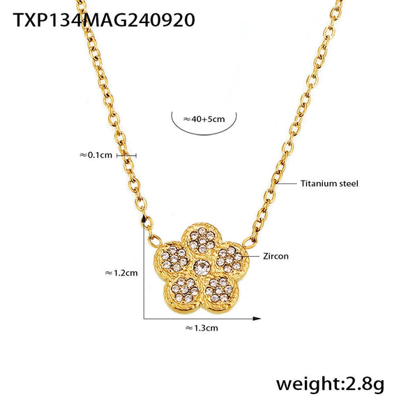 316L Stainless Steel Zircon Inlaid Five Leaf Flower Double Layer Clavicle Necklace And Bracelet Set With Pvd Vacuum Plating For Women Sweet Style