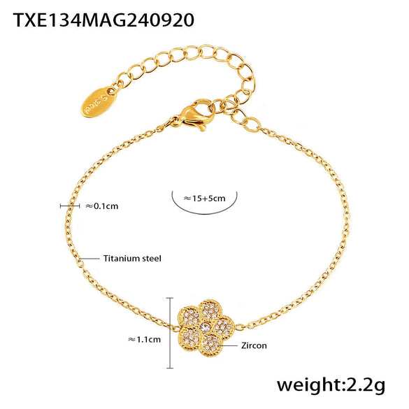 316L Stainless Steel Zircon Inlaid Five Leaf Flower Double Layer Clavicle Necklace And Bracelet Set With Pvd Vacuum Plating For Women Sweet Style