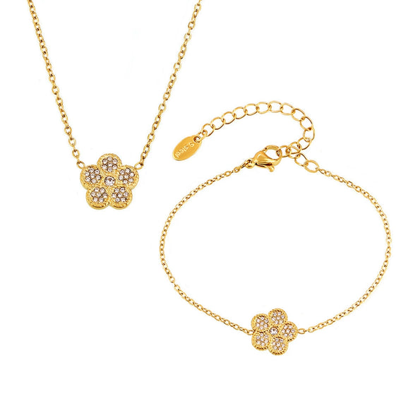 316L Stainless Steel Zircon Inlaid Five Leaf Flower Double Layer Clavicle Necklace And Bracelet Set With Pvd Vacuum Plating For Women Sweet Style