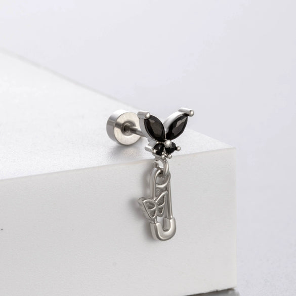 Titanium Steel Zirconia Heart Shape Bow Pattern Perforated Earrings For Women