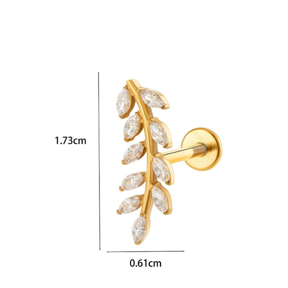 Titanium Zircon Leaf Crown Internal Thread Lip Nail Earrings For Women Puncture Jewelry