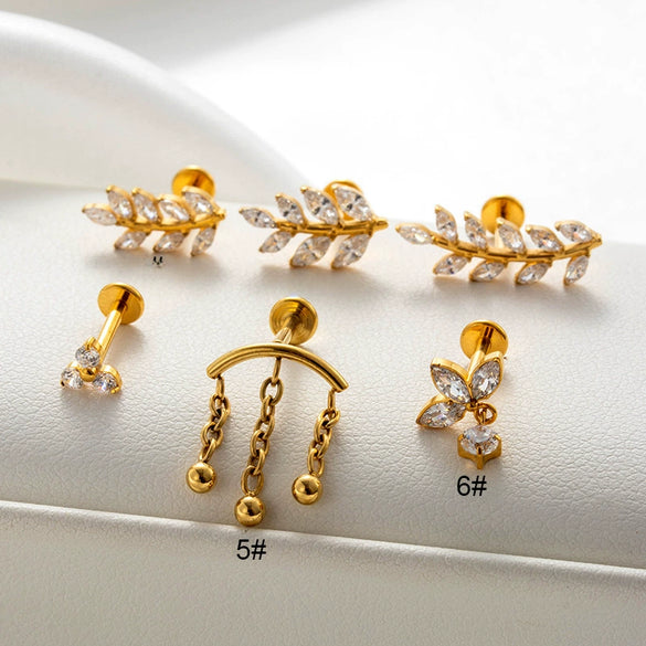 Titanium Zircon Leaf Crown Internal Thread Lip Nail Earrings For Women Puncture Jewelry
