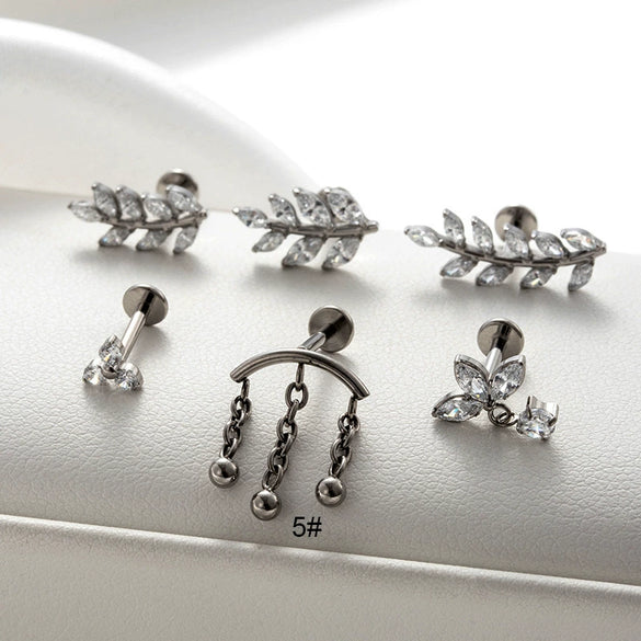 Titanium Zircon Leaf Crown Internal Thread Lip Nail Earrings For Women Puncture Jewelry