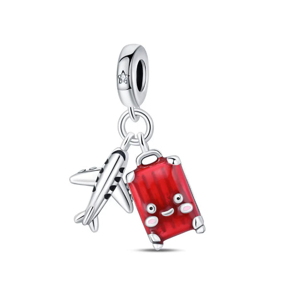 Travel Style Airplane Suitcase Camera Charm Pendant Beads Silver Plated Diy Jewelry Bracelet Accessories With Dripping Oil Design