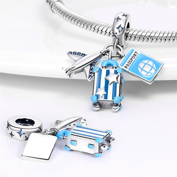 Travel Style Airplane Suitcase Camera Charm Pendant Beads Silver Plated Diy Jewelry Bracelet Accessories With Dripping Oil Design