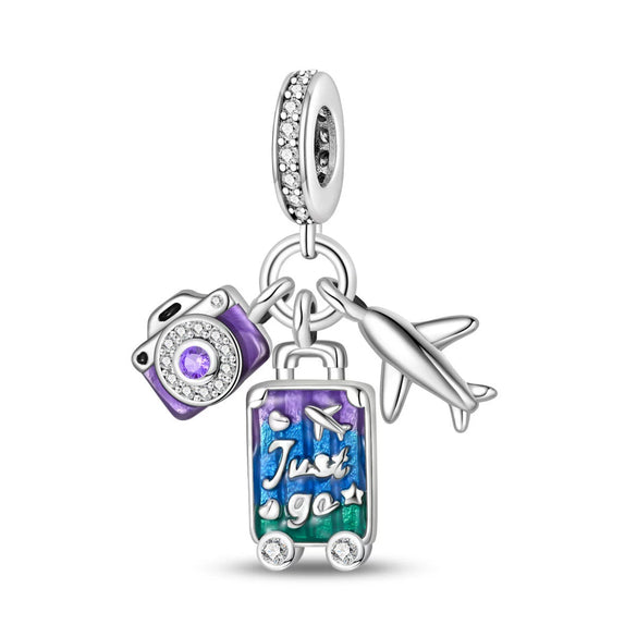 Travel Style Airplane Suitcase Camera Charm Pendant Beads Silver Plated Diy Jewelry Bracelet Accessories With Dripping Oil Design