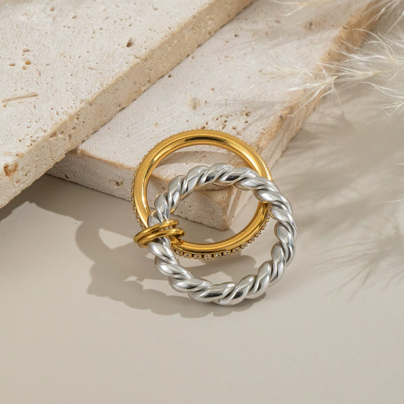 Trendy Braided Double Layer Geometric Diamond Ring In Stainless Steel With Electroplating For Women Light Luxury Simple Jewelry Stall Item