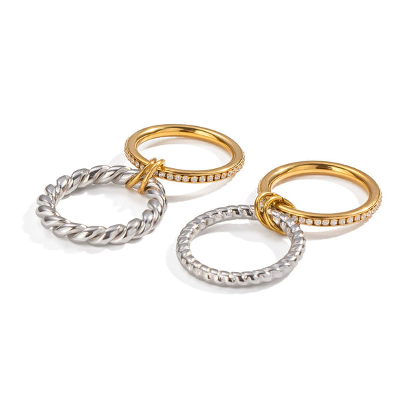 Trendy Braided Double Layer Geometric Diamond Ring In Stainless Steel With Electroplating For Women Light Luxury Simple Jewelry Stall Item