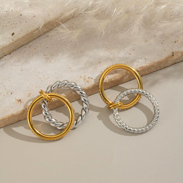 Trendy Braided Double Layer Geometric Diamond Ring In Stainless Steel With Electroplating For Women Light Luxury Simple Jewelry Stall Item