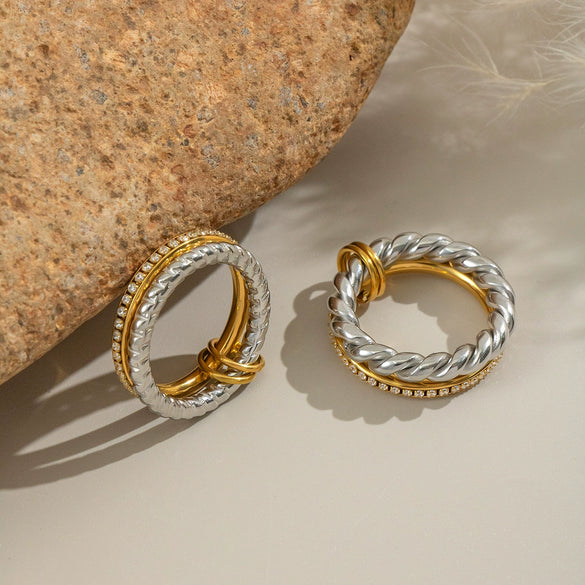 Trendy Braided Double Layer Geometric Diamond Ring In Stainless Steel With Electroplating For Women Light Luxury Simple Jewelry Stall Item