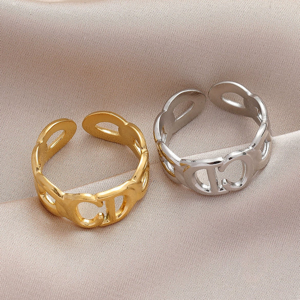 Trendy Cool Vintage Open Stainless Steel Ring With Geometric Pattern For Women And Men Electroplated And Adjustable