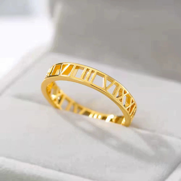 Trendy Creative Roman Numeral Cut Out Titanium Steel And Stainless Steel Rose Gold Unisex Couple Ring