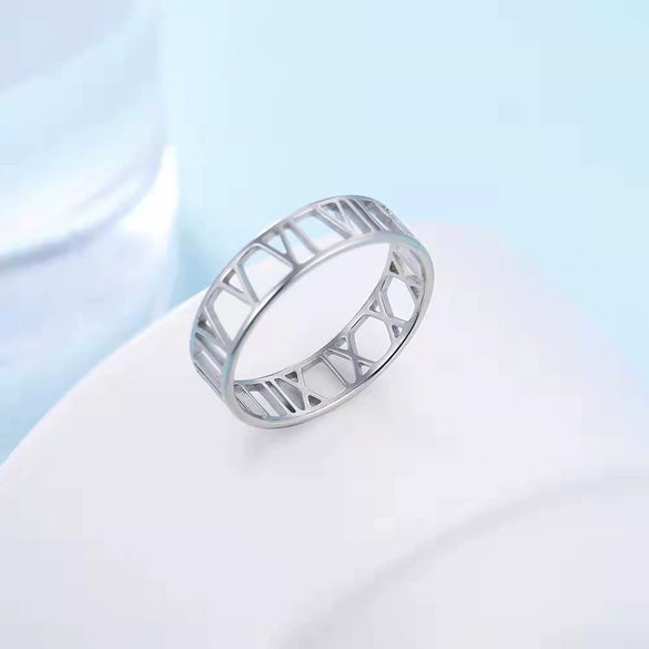 Trendy Creative Roman Numeral Cut Out Titanium Steel And Stainless Steel Rose Gold Unisex Couple Ring