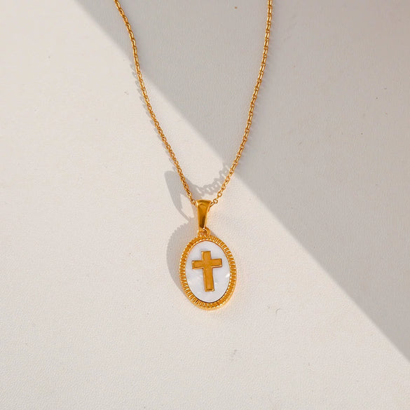 Trendy Electroplated Geometric Stainless Steel Unisex Cross Chain Necklace With Rectangular Shell Constellation Pendant