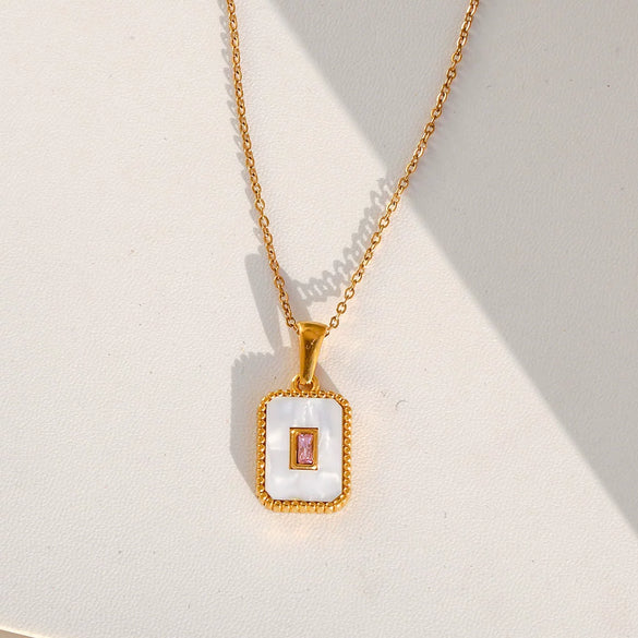 Trendy Electroplated Geometric Stainless Steel Unisex Cross Chain Necklace With Rectangular Shell Constellation Pendant