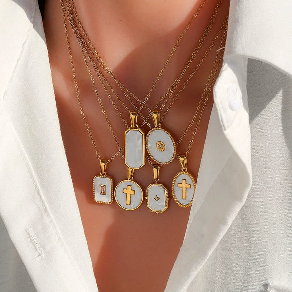 Trendy Electroplated Geometric Stainless Steel Unisex Cross Chain Necklace With Rectangular Shell Constellation Pendant