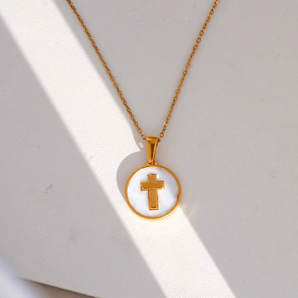 Trendy Electroplated Geometric Stainless Steel Unisex Cross Chain Necklace With Rectangular Shell Constellation Pendant